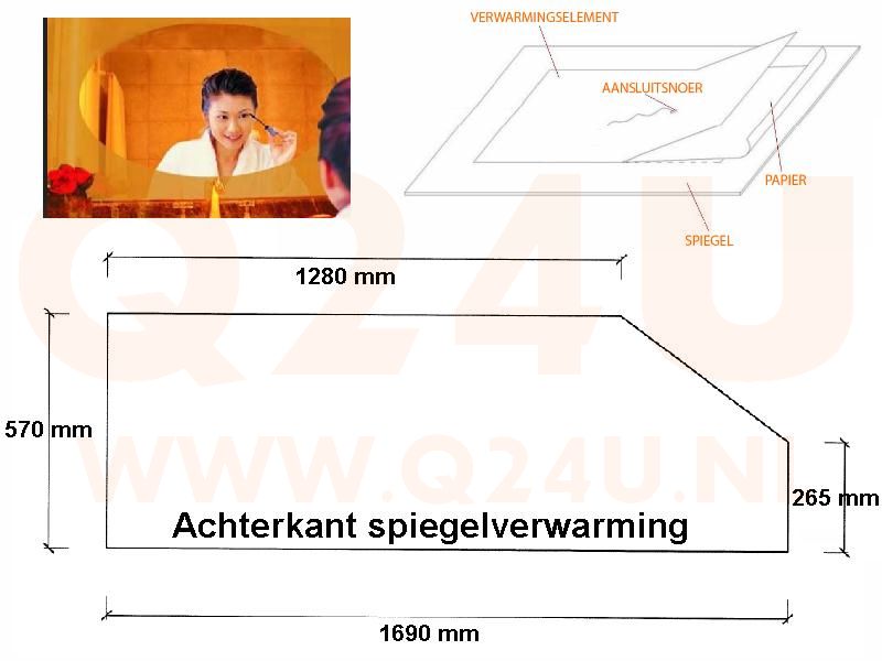 Badkamer spiegelverwarming, met schuine kant op maat, 12 volt -